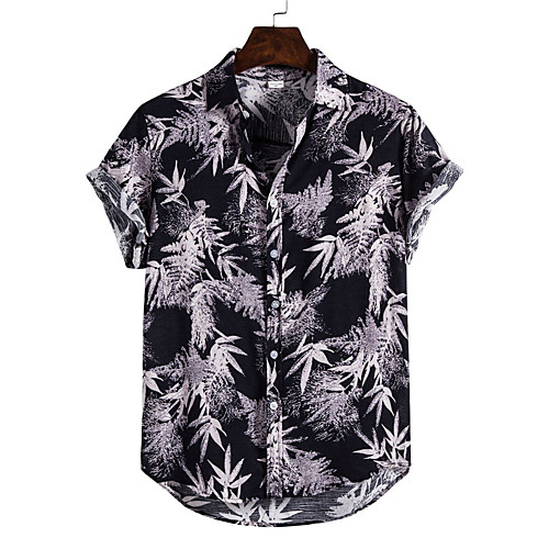 

Men's Shirt Leaves Button-Down Short Sleeve Casual Tops Cotton Casual Fashion Breathable Comfortable Black