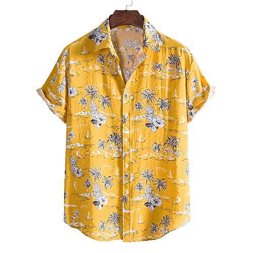 

Men's Shirt Other Prints Graphic Leaves Short Sleeve Daily Tops Casual Classic Collar Yellow / Summer