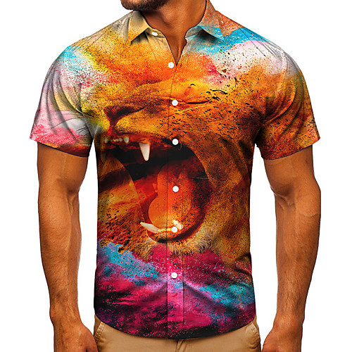 

Men's Shirt 3D Print Graphic Prints Lion Button-Down Short Sleeve Street Tops Casual Fashion Classic Breathable Orange