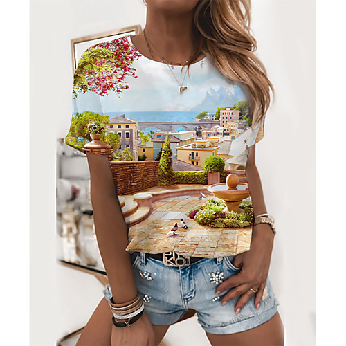 

Women's 3D Printed Painting T shirt Graphic Scenery Print Round Neck Basic Tops Light Blue