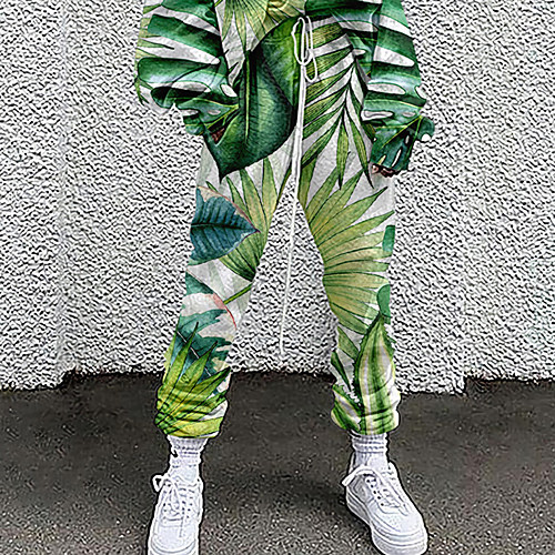 

Women's Sporty Fashion Comfort Daily Weekend Sweatpants Pants Flower / Floral Leaves Print Full Length Pocket Elastic Drawstring Design Print White Green