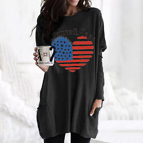 

Women's T shirt Graphic Heart Flag Long Sleeve Pocket Round Neck Tops 100% Cotton Basic Basic Top White Black Fuchsia