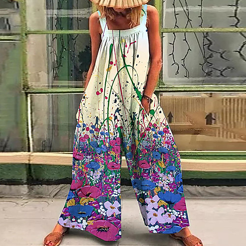 

Women's Casual Street Daily Wear Wide Leg Blue Jumpsuit Floral Print