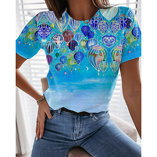 

Women's T shirt Color Gradient Graphic Print Round Neck Tops Basic Basic Top Blue