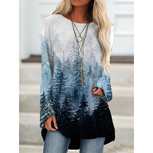 

Women's Going out Painting T shirt Dress Scenery Long Sleeve Print Round Neck Basic Tops White Blue