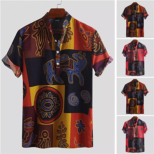 

Men's Shirt Tribal Button-Down Short Sleeve Casual Tops 100% Cotton Lightweight Casual Fashion Breathable Red Yellow