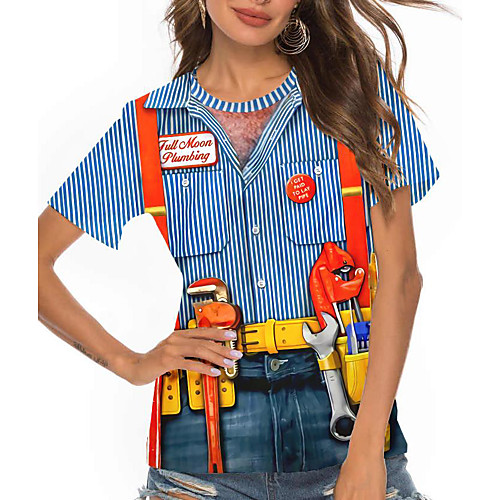 

Women's 3D Printed Painting T shirt Striped Graphic 3D Print Round Neck Basic Tops Blue