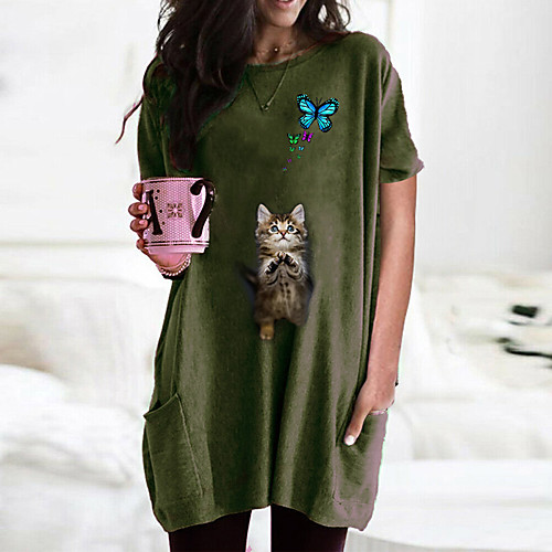 

Women's T shirt Dress Cat Graphic 3D Round Neck Tops Basic Basic Top Black Wine Army Green