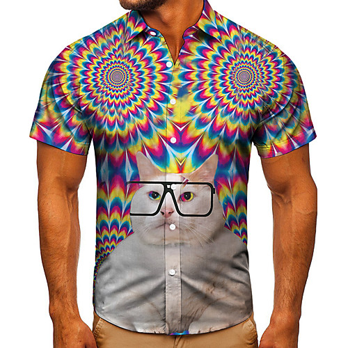 

Men's Shirt 3D Print Cat Graphic Prints Button-Down Short Sleeve Street Tops Casual Fashion Classic Breathable Rainbow