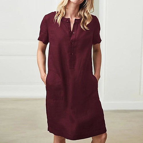 

Women's Shift Dress Knee Length Dress Wine Gray Khaki Black Short Sleeve Solid Color Summer Casual Loose 2021 S M L XL XXL 3XL