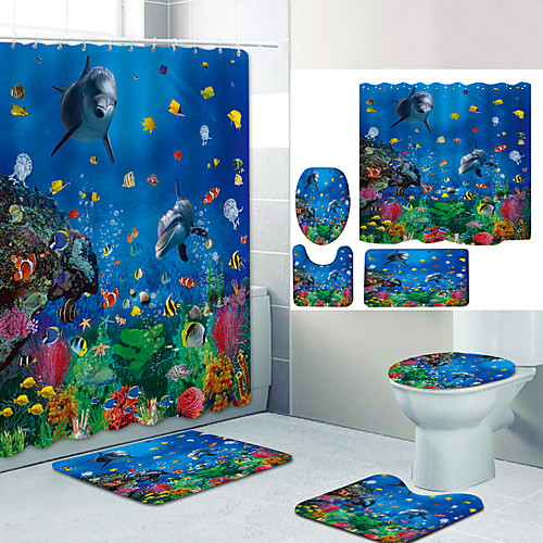 

Dolphin Coral Series Digital Printing Four-piece Set Shower Curtains and Hooks Modern Polyester Machine Made Waterproof Bathroom