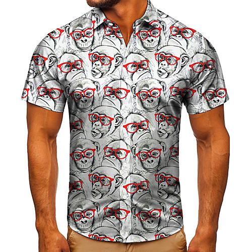 

Men's Shirt 3D Print Graphic Prints Monkey Button-Down Short Sleeve Street Tops Casual Fashion Classic Breathable Black / White
