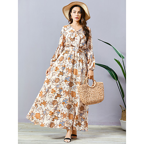

Women's Swing Dress Maxi long Dress Apricot Long Sleeve Print Fall Spring Casual / Daily 2021 M L XL XXL