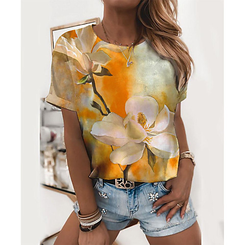 

Women's Floral Theme Painting T shirt Floral Flower Print Round Neck Basic Tops Blue Yellow