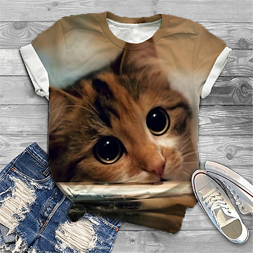 

Women's Plus Size Tops T shirt Cat Graphic Animal Print Short Sleeve Crewneck Basic Brown Big Size XL XXL 3XL 4XL 5XL / Holiday