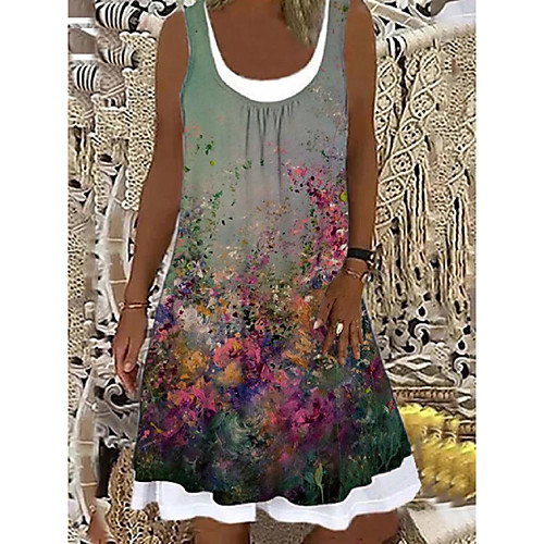 

Women's Shift Dress Knee Length Dress Green Sleeveless Floral Print Spring Summer Boat Neck Casual Holiday 2021 S M L XL XXL 3XL