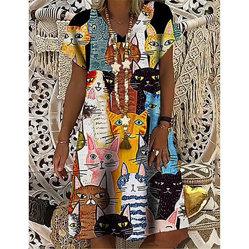 

Women's T Shirt Dress Tee Dress Knee Length Dress Blue Short Sleeve Cat Animal Print Spring Summer V Neck Casual Holiday 2021 S M L XL XXL 3XL