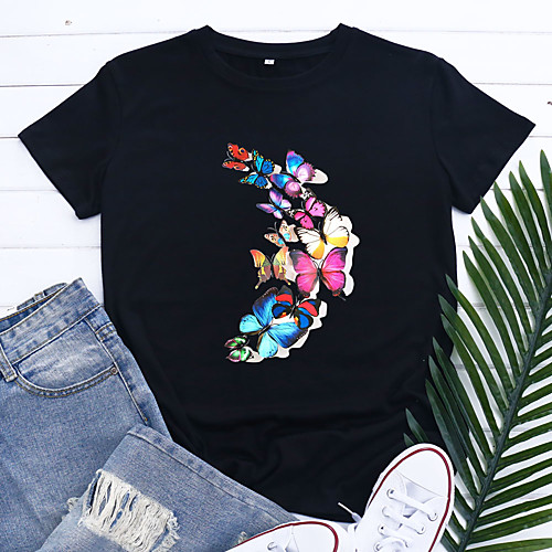 

Women's T shirt Graphic Butterfly Print Round Neck Basic Tops Blue Blushing Pink Black