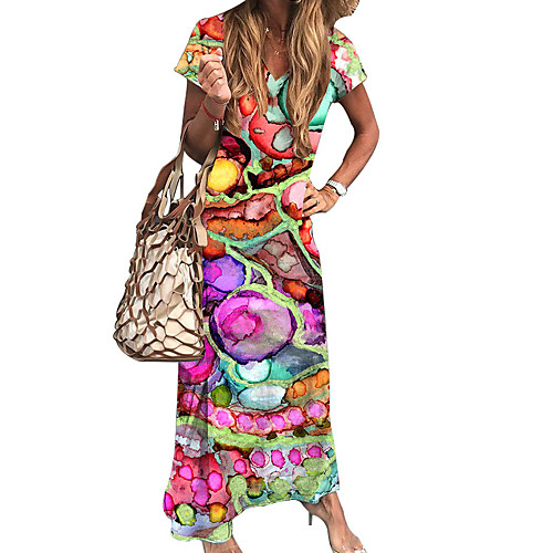 

Women's Shift Dress Maxi long Dress Purple Yellow Green Short Sleeve Color Block Print Spring Summer Round Neck Elegant Party Holiday Club 2021 S M L XL