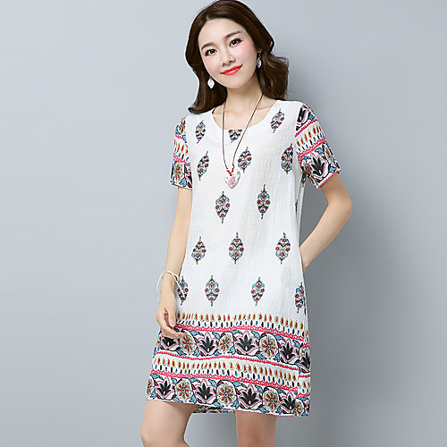 

real shot summer new style cotton and linen dress large size loose retro printing short-sleeved mid-length dress