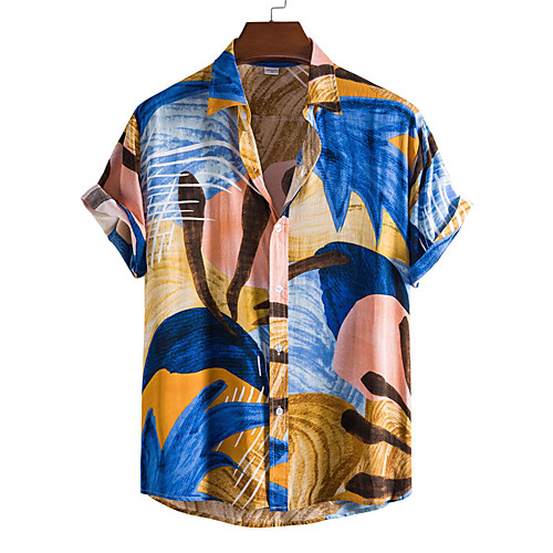 

Men's Shirt Color Block Button-Down Short Sleeve Casual Tops Casual Fashion Hawaiian Breathable Blue
