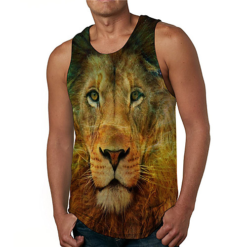 

Men's Tank Top Undershirt Shirt 3D Print Graphic Prints Lion Print Sleeveless Daily Tops Casual Designer Big and Tall Round Neck Brown / Summer