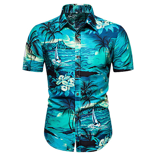 

Men's Shirt Coconut Tree Button-Down Short Sleeve Casual Tops Cotton Casual Fashion Hawaiian Breathable Blue