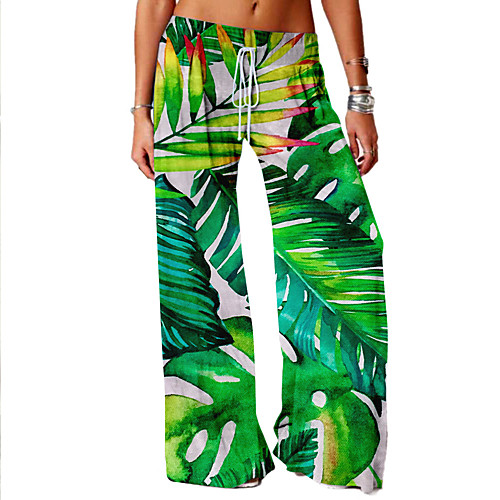 

Women's Basic Soft Comfort Daily Home Wide Leg Pants Plants Flamingo Full Length Elastic Drawstring Design Print White Green