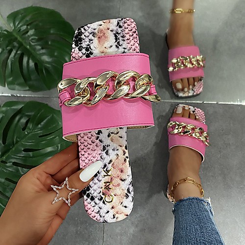 

Women's Sandals Outdoor Slippers Flat Heel Square Toe PU Snake Purple Light Red Black