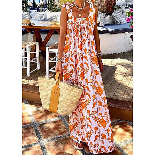 

Women's Swing Dress Maxi long Dress Green Orange Sleeveless Floral Print Fall Summer Square Neck Elegant 2021 S M L XL