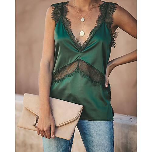 

Women's Blouse Tank Top Color Block Lace Patchwork V Neck Basic Streetwear Tops Wine Black Green