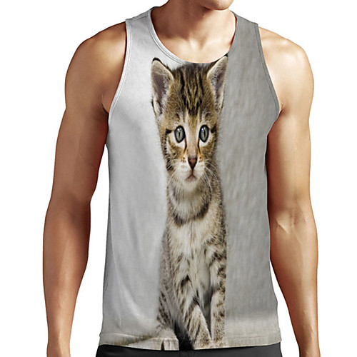 

Men's Unisex Tank Top Undershirt 3D Print Cat Graphic Prints Animal Plus Size Print Sleeveless Casual Tops Basic Designer Big and Tall White