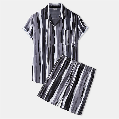 

Men's Shirt Suits Shirt Striped Button-Down Short Sleeve Casual Tops Cotton Casual Fashion Hawaiian Breathable Gray