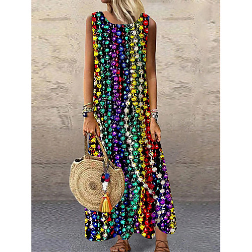 

Women's Shift Dress Maxi long Dress Blue Sleeveless Print Color Block Print Spring Summer Round Neck Casual Holiday 2021 S M L XL XXL 3XL