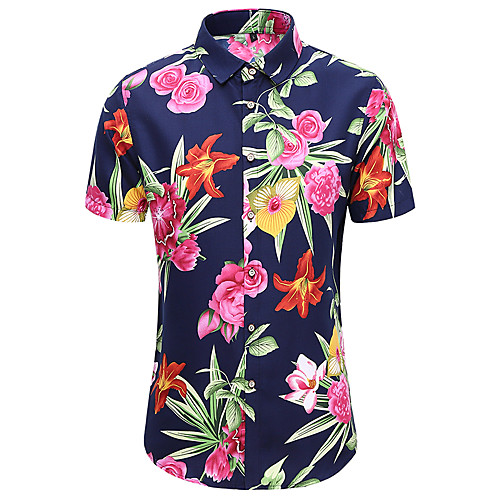 

Men's Shirt Other Prints Floral Plus Size Print Short Sleeve Casual Tops Hawaiian Dark Green Navy Blue / Summer
