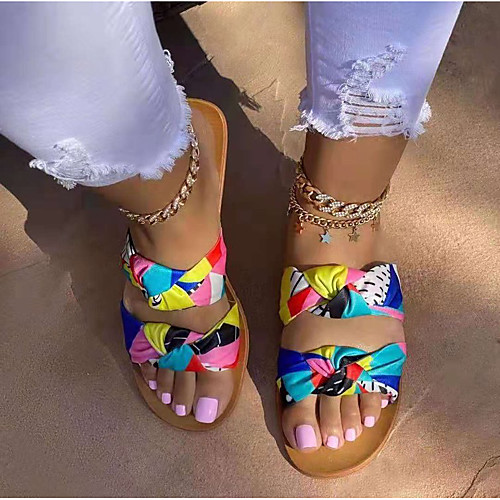 

Women's Sandals Comfort Shoes Outdoor Slippers Flat Heel Round Toe PU Color Block Pink Rainbow