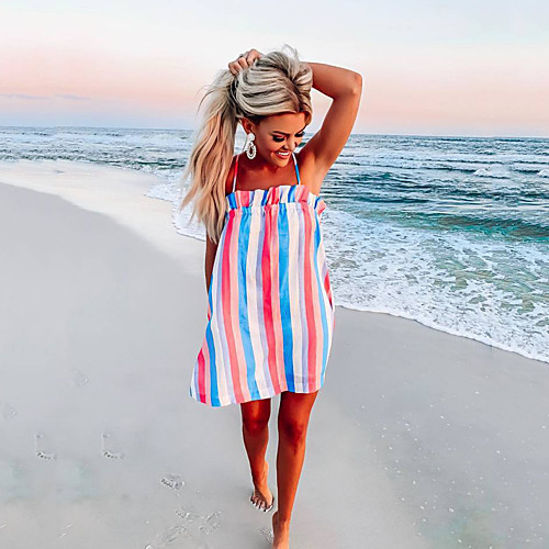 

Women's Strap Dress Short Mini Dress Rainbow Bar Stripes Spring Summer Casual / Daily 2021 S M L XL