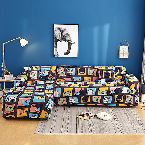 

Cartoon Print Dustproof All-powerful Slipcovers Stretch L Shape Sofa Cover Super Soft Fabric Couch Cover Sofa Furniture Protector with One Free Boster Case