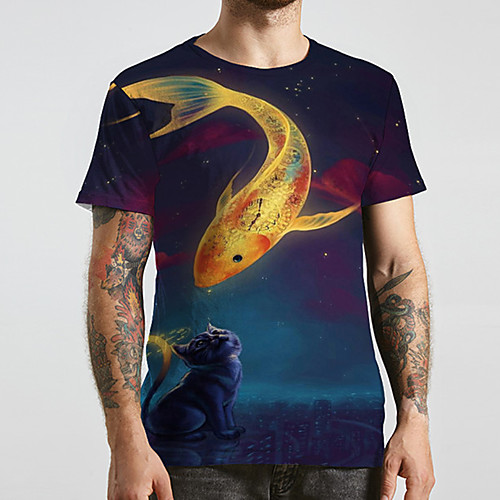 

Men's Unisex Tee T shirt 3D Print Graphic Prints Fish Plus Size Print Short Sleeve Casual Tops Basic Designer Big and Tall Blue