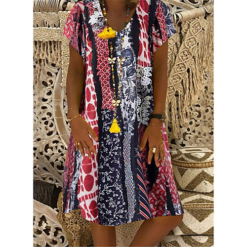 

Women's A Line Dress Knee Length Dress Wine Black Red Short Sleeve Print Summer V Neck Elegant Casual 2021 S M L XL XXL 3XL 4XL 5XL