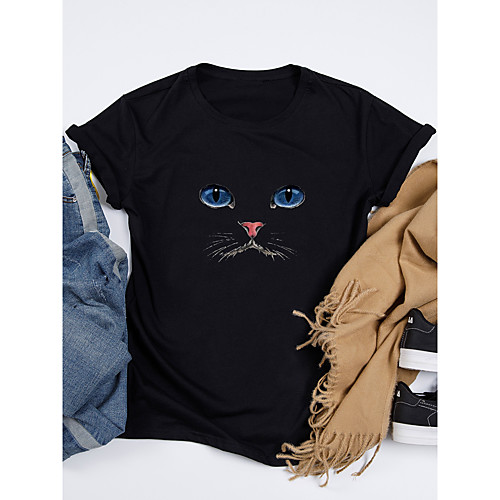 

Women's T shirt Cat Graphic Print Round Neck Tops 100% Cotton Basic Basic Top Black Red Khaki