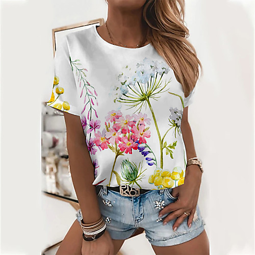 

Women's Floral Theme Painting T shirt Floral Graphic Print Round Neck Basic Tops Blue Red Green