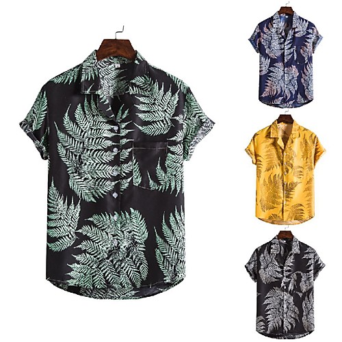 

Men's Shirt Other Prints Leaves Print Short Sleeve Casual Tops Hawaiian Classic Collar Green / Black Black / Gray Yellow / Summer / Beach