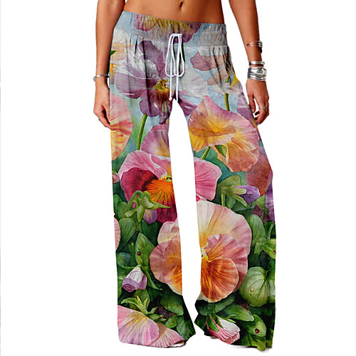 

Women's Basic Soft Comfort Daily Home Wide Leg Pants Flower / Floral Full Length Elastic Drawstring Design Print Blue Blushing Pink
