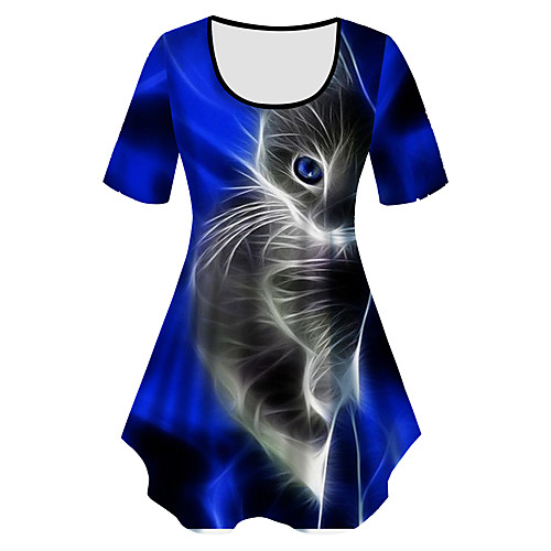 

Women's Plus Size Tops T shirt Cat Graphic Animal Print Short Sleeve Crewneck Basic Blue Big Size XL XXL 3XL 4XL 5XL / Holiday