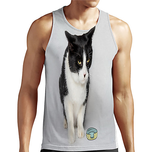 

Men's Unisex Tank Top Undershirt 3D Print Cat Graphic Prints Animal Plus Size Print Sleeveless Casual Tops Basic Designer Big and Tall Gray