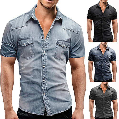 

Men's Shirt Solid Color Button-Down Short Sleeve Casual Tops Cotton Casual Fashion Breathable Comfortable Light gray Dark Gray Navy Blue