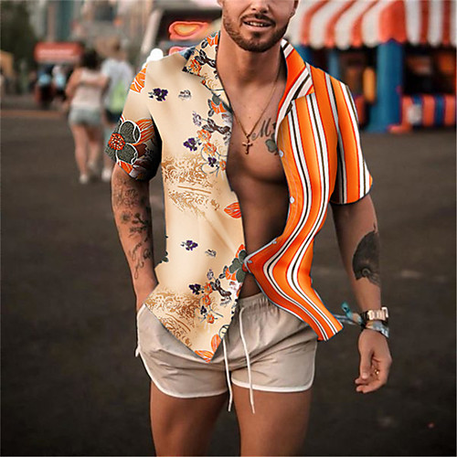 

Men's Shirt Floral Striped Button-Down Short Sleeve Casual Tops Casual Fashion Breathable Comfortable Orange