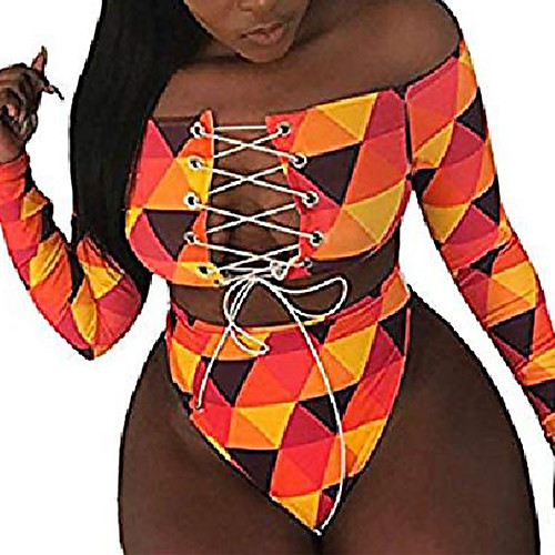 

nabawan women's african print high waist bikini set lace up swimsuit long sleeve swimwear s orange