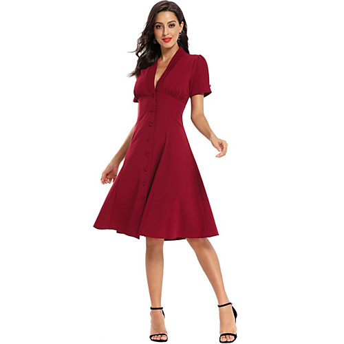 

A-Line Elegant Vintage Homecoming Formal Evening Dress V Neck Short Sleeve Knee Length Cotton with Sleek 2021